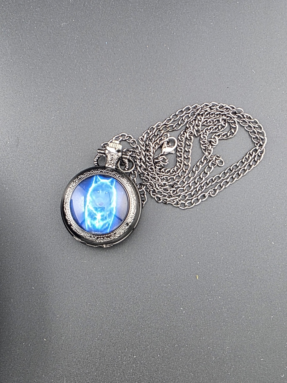 Blue Wolf Locket Necklace UNISEX - Silver Tone Black